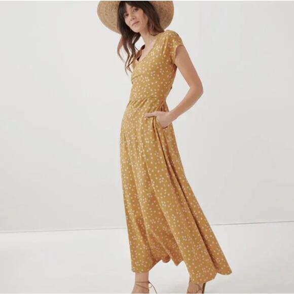 PACT Fit & Flare Crossback Maxi Dress Mustard Blooms Floral Sz L {HH12} - Picture 1 of 7